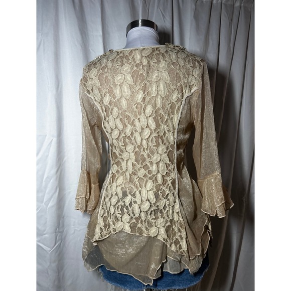 Vintage Pretty Angel Silk Blend Crochet Lace Tunic Top Tan Beige Boho Fairy - Picture 2 of 8